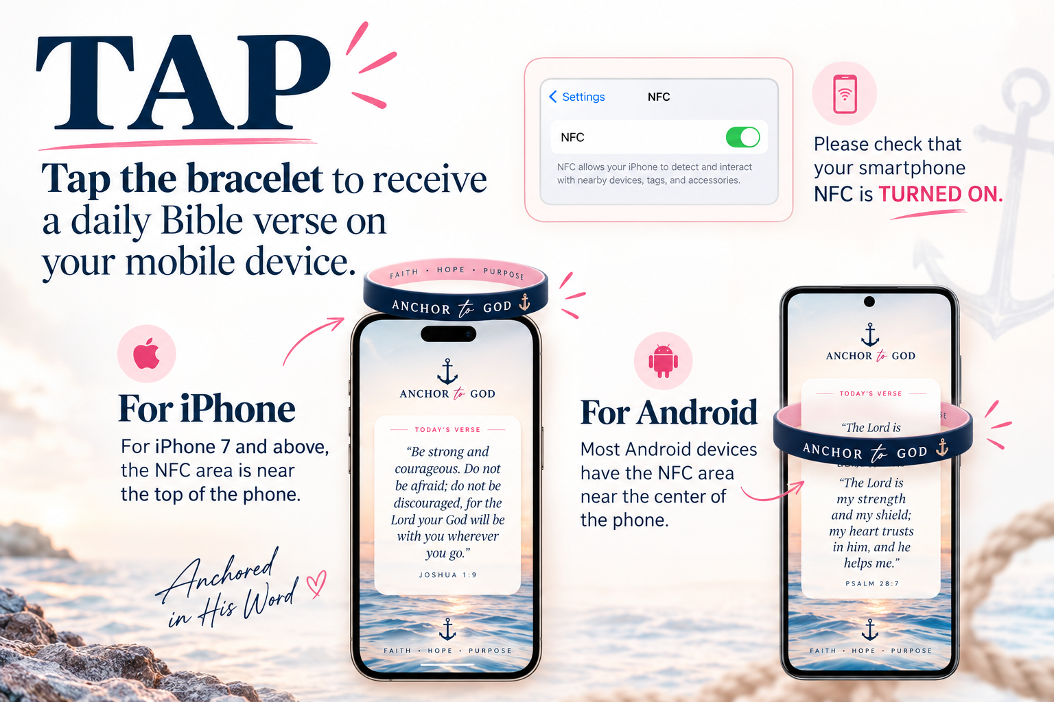 Tap Your Anchor to God Bracelet — how to tap for a daily Bible verse on iPhone and Android
