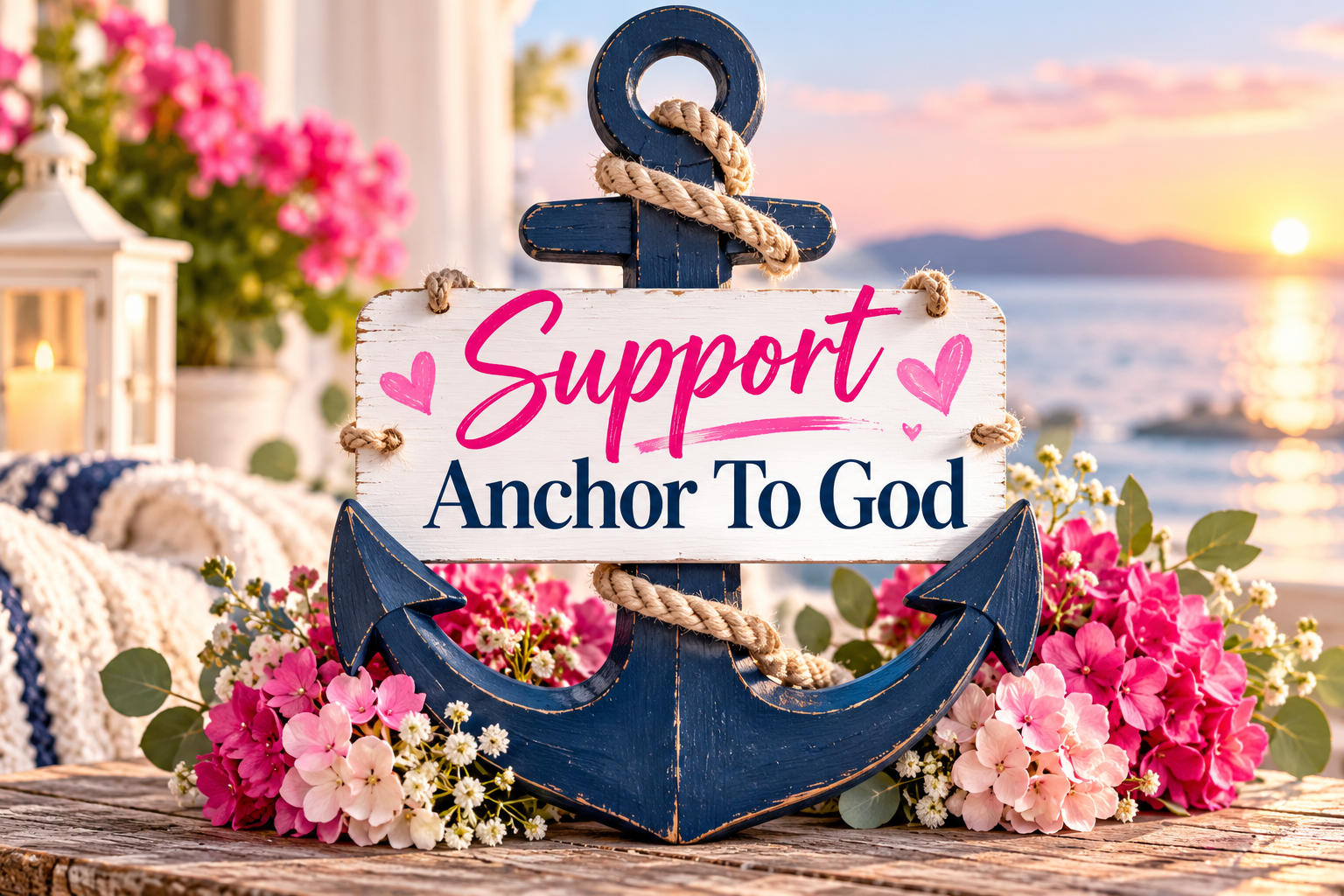Support Anchor To God — a navy anchor wrapped in rope beside a sign reading Support Anchor To God, with pink flowers and a lit candle